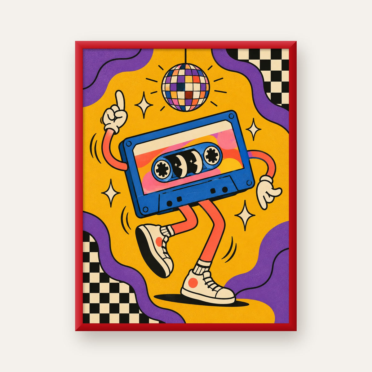 Dans Eden Retro Disco Kaset Dijital Poster – Renkli Duvar Dekoru — kırmızı çerçeveli