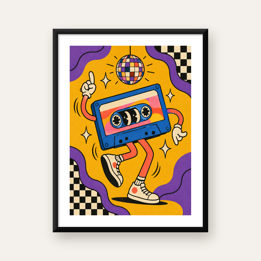 Dans Eden Retro Disco Kaset Dijital Poster – Renkli Duvar Dekoru — Dikey baskı, beyaz paspartulu