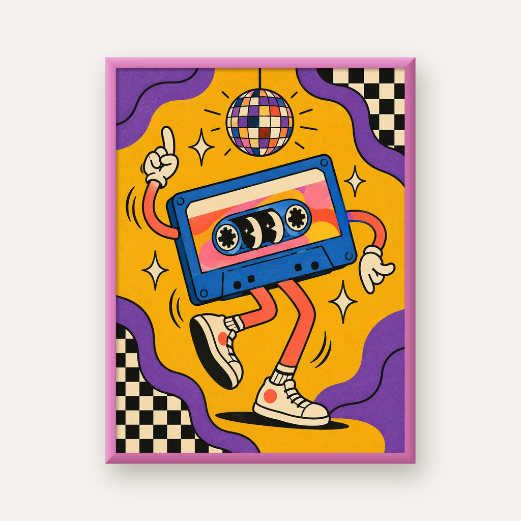 Dans Eden Retro Disco Kaset Dijital Poster – Renkli Duvar Dekoru — pembe çerçeveli