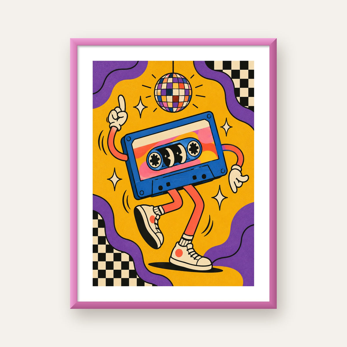 Dans Eden Retro Disco Kaset Dijital Poster – Renkli Duvar Dekoru — pembe çerçeveli paspartulu