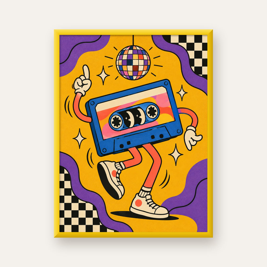 Dans Eden Retro Disco Kaset Dijital Poster – Renkli Duvar Dekoru — sarı çerçeveli