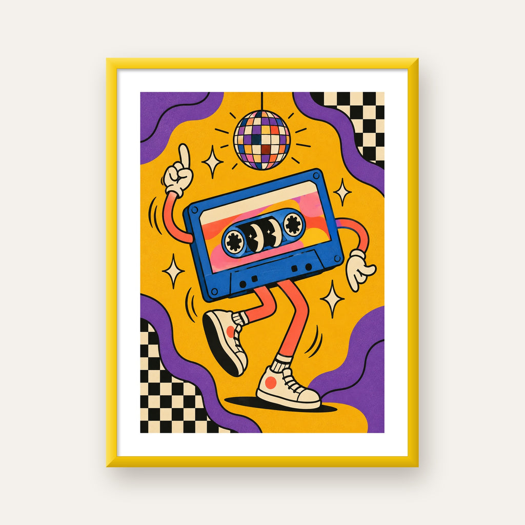 Dans Eden Retro Disco Kaset Dijital Poster – Renkli Duvar Dekoru — sarı çerçeveli paspartulu