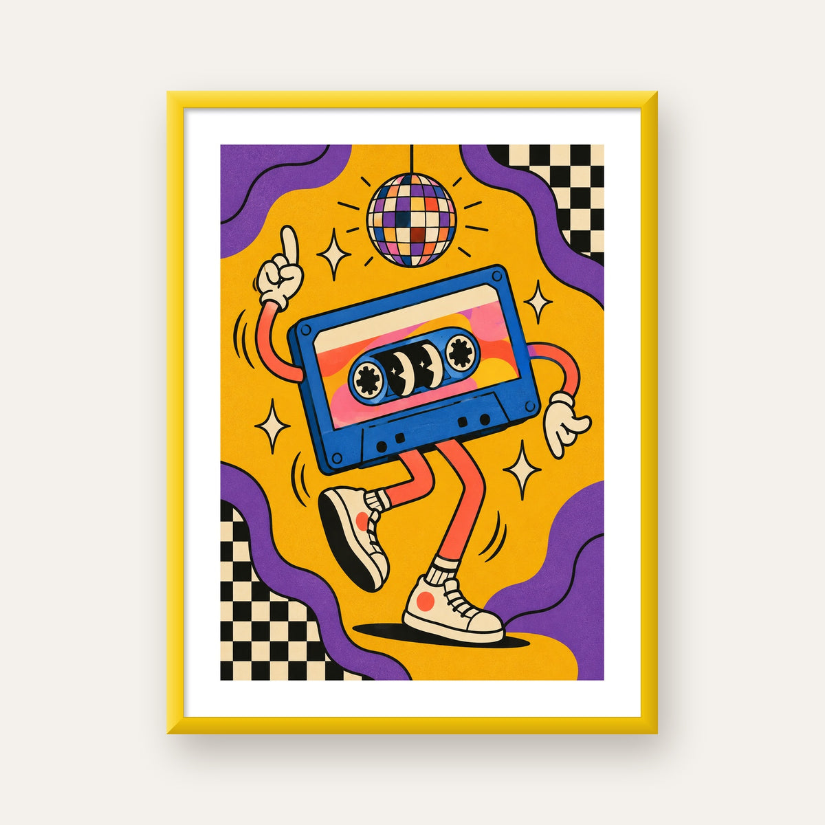 Dans Eden Retro Disco Kaset Dijital Poster – Renkli Duvar Dekoru — sarı çerçeveli paspartulu