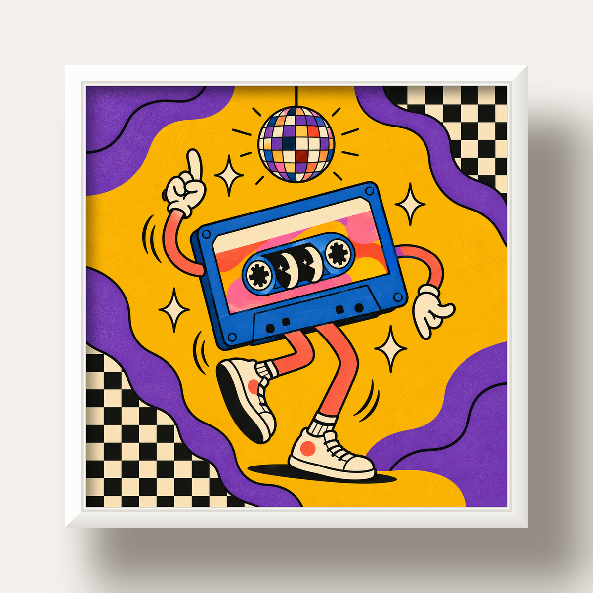 Dans Eden Retro Disco Kaset Dijital Poster – Renkli Duvar Dekoru — beyaz derin çerçeveli