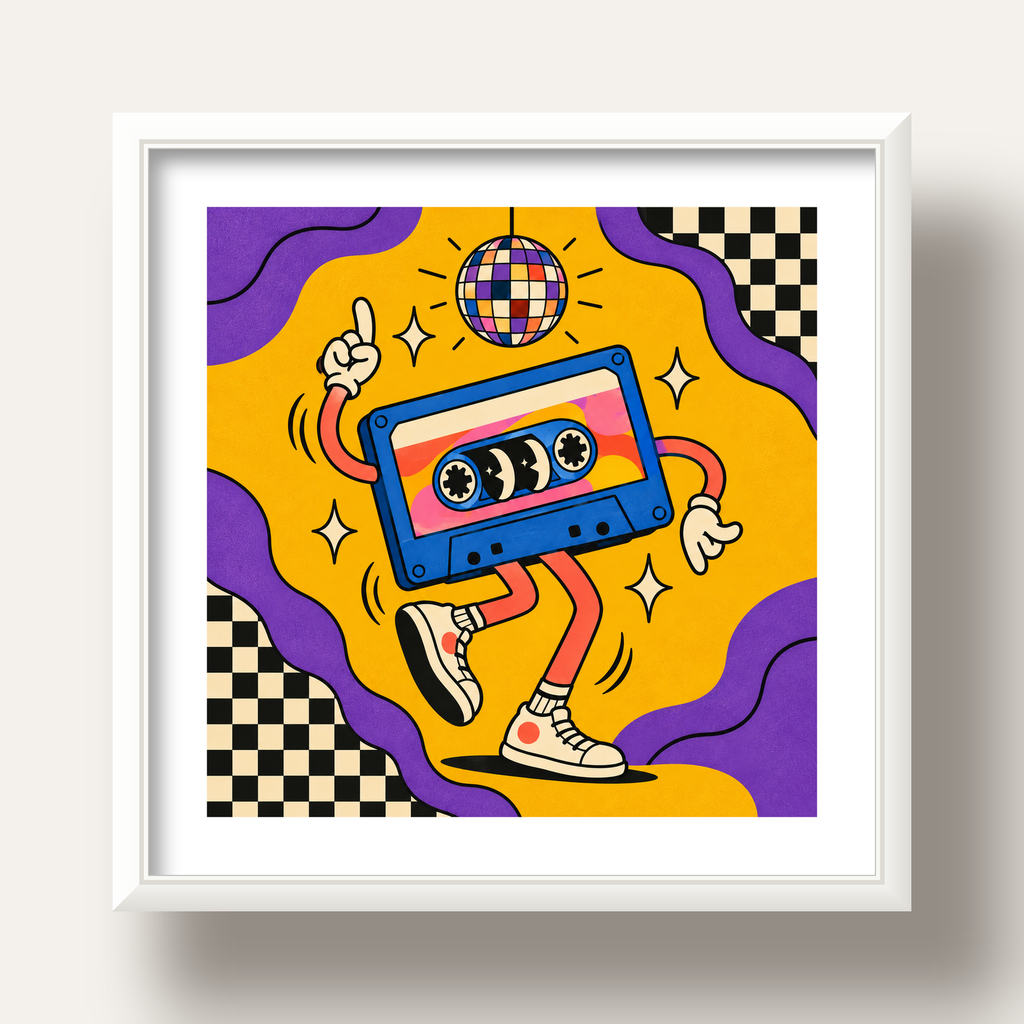 Dans Eden Retro Disco Kaset Dijital Poster – Renkli Duvar Dekoru — beyaz derin çerçeveli paspartulu