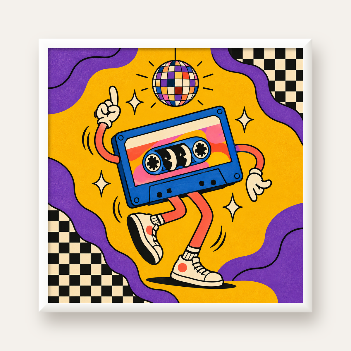 Dans Eden Retro Disco Kaset Dijital Poster – Renkli Duvar Dekoru — beyaz çerçeveli kare poster
