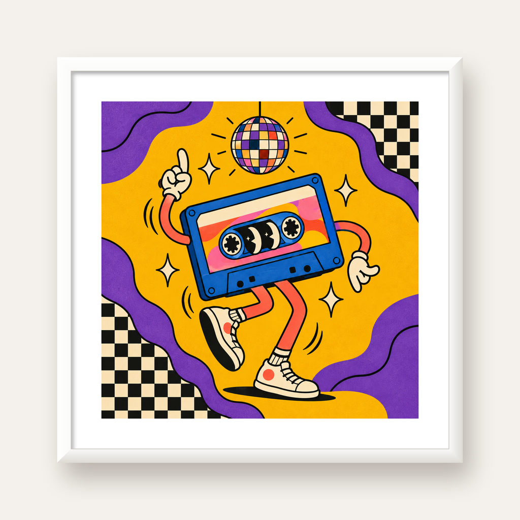 Dans Eden Retro Disco Kaset Dijital Poster – Renkli Duvar Dekoru — beyaz çerçeveli kare poster