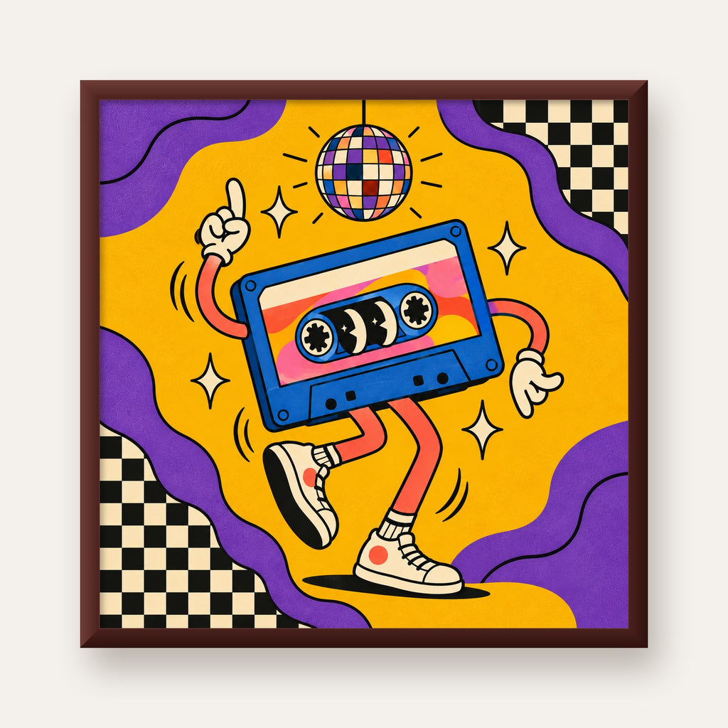 Dans Eden Retro Disco Kaset Dijital Poster – Renkli Duvar Dekoru — ceviz çerçeveli