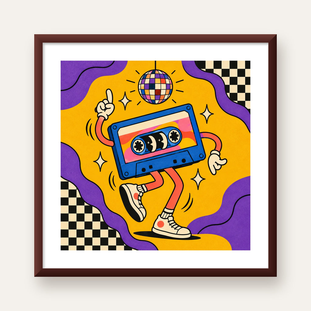 Dans Eden Retro Disco Kaset Dijital Poster – Renkli Duvar Dekoru — ceviz çerçeveli paspartulu