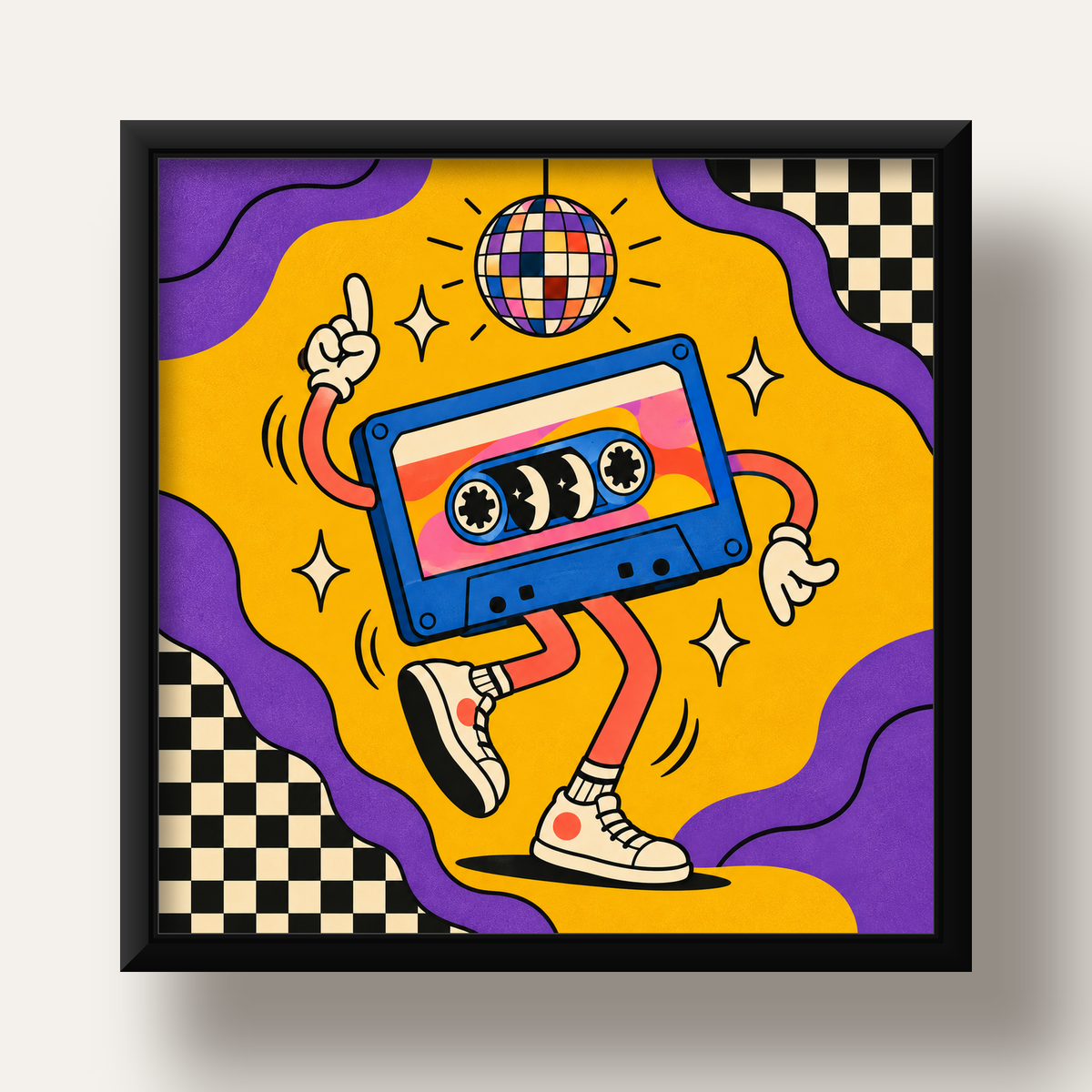 Dans Eden Retro Disco Kaset Dijital Poster – Renkli Duvar Dekoru — siyah derin çerçeveli