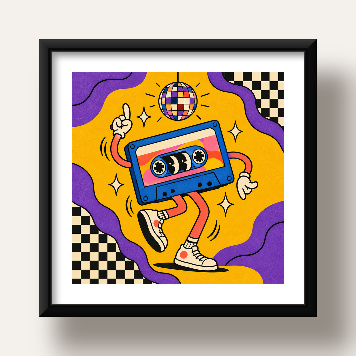 Dans Eden Retro Disco Kaset Dijital Poster – Renkli Duvar Dekoru — siyah derin çerçeveli paspartulu