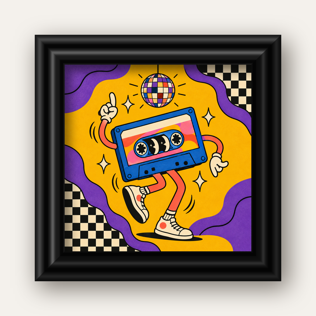Dans Eden Retro Disco Kaset Dijital Poster – Renkli Duvar Dekoru — siyah galeri çerçeveli
