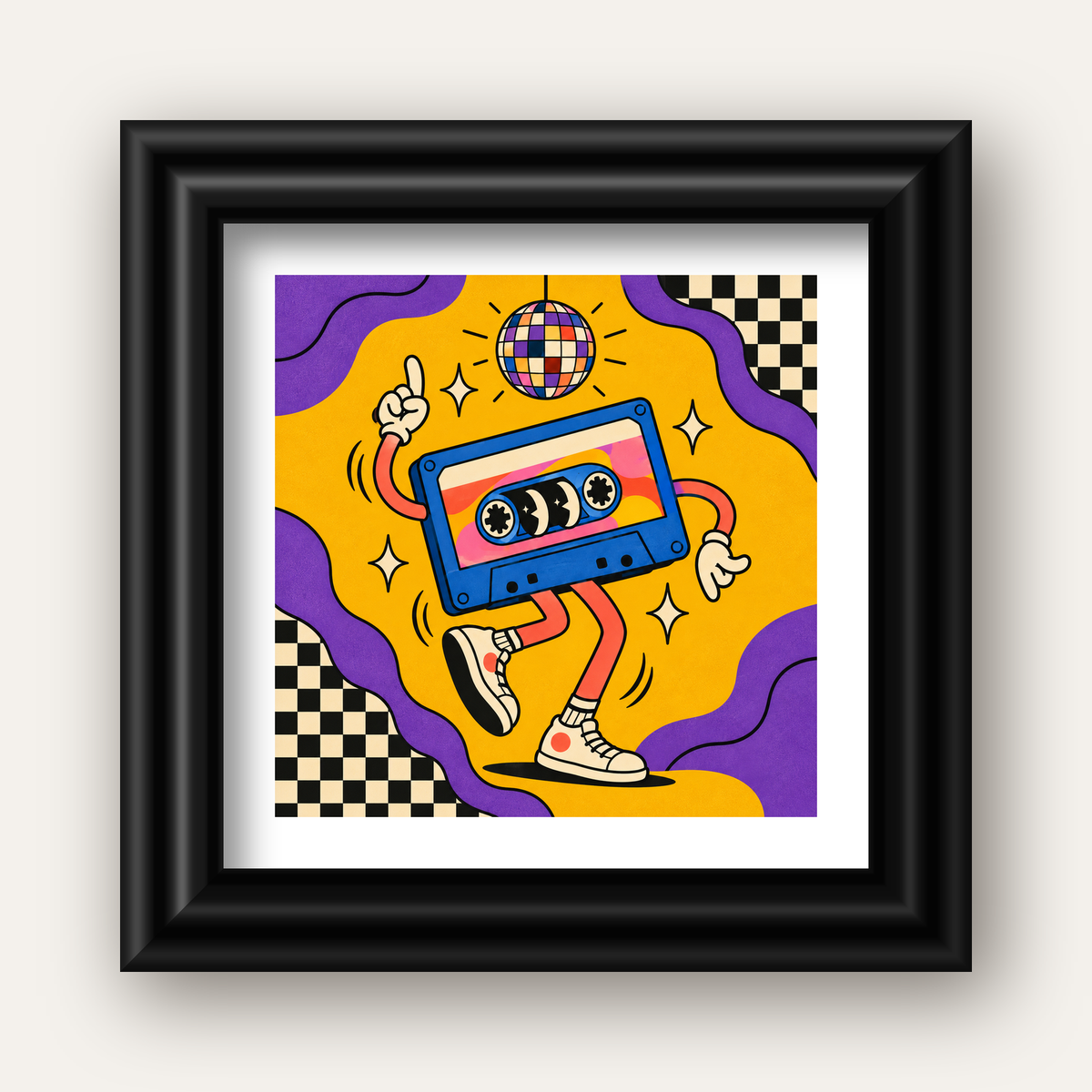 Dans Eden Retro Disco Kaset Dijital Poster – Renkli Duvar Dekoru — siyah galeri çerçeveli paspartulu