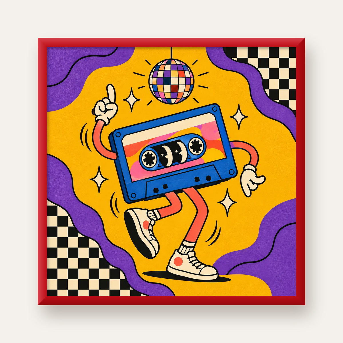 Dans Eden Retro Disco Kaset Dijital Poster – Renkli Duvar Dekoru — kırmızı çerçeveli