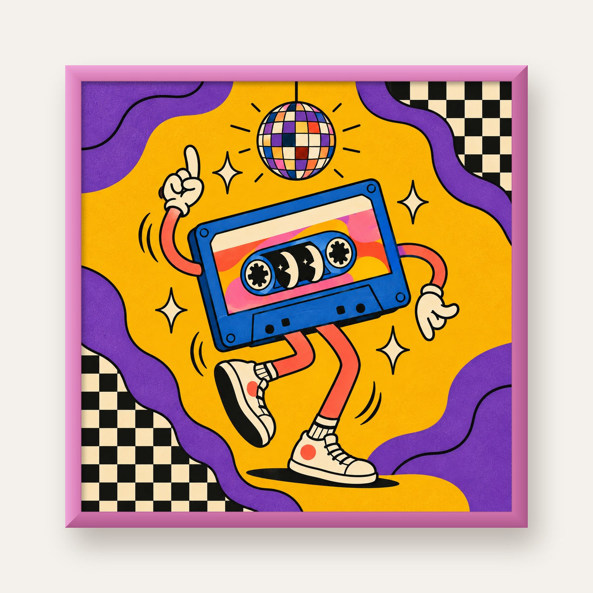 Dans Eden Retro Disco Kaset Dijital Poster – Renkli Duvar Dekoru — pembe çerçeveli