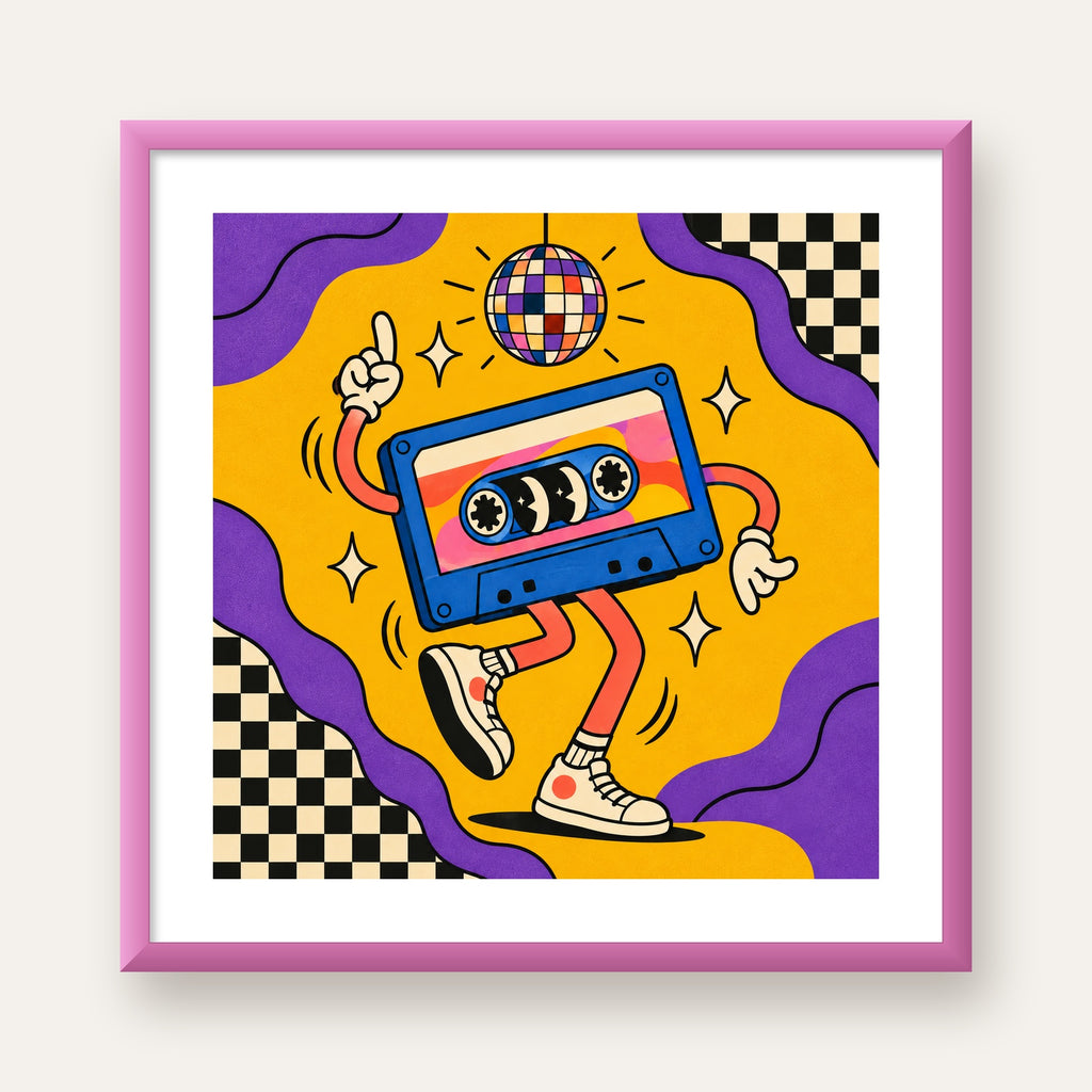 Dans Eden Retro Disco Kaset Dijital Poster – Renkli Duvar Dekoru — pembe çerçeveli paspartulu