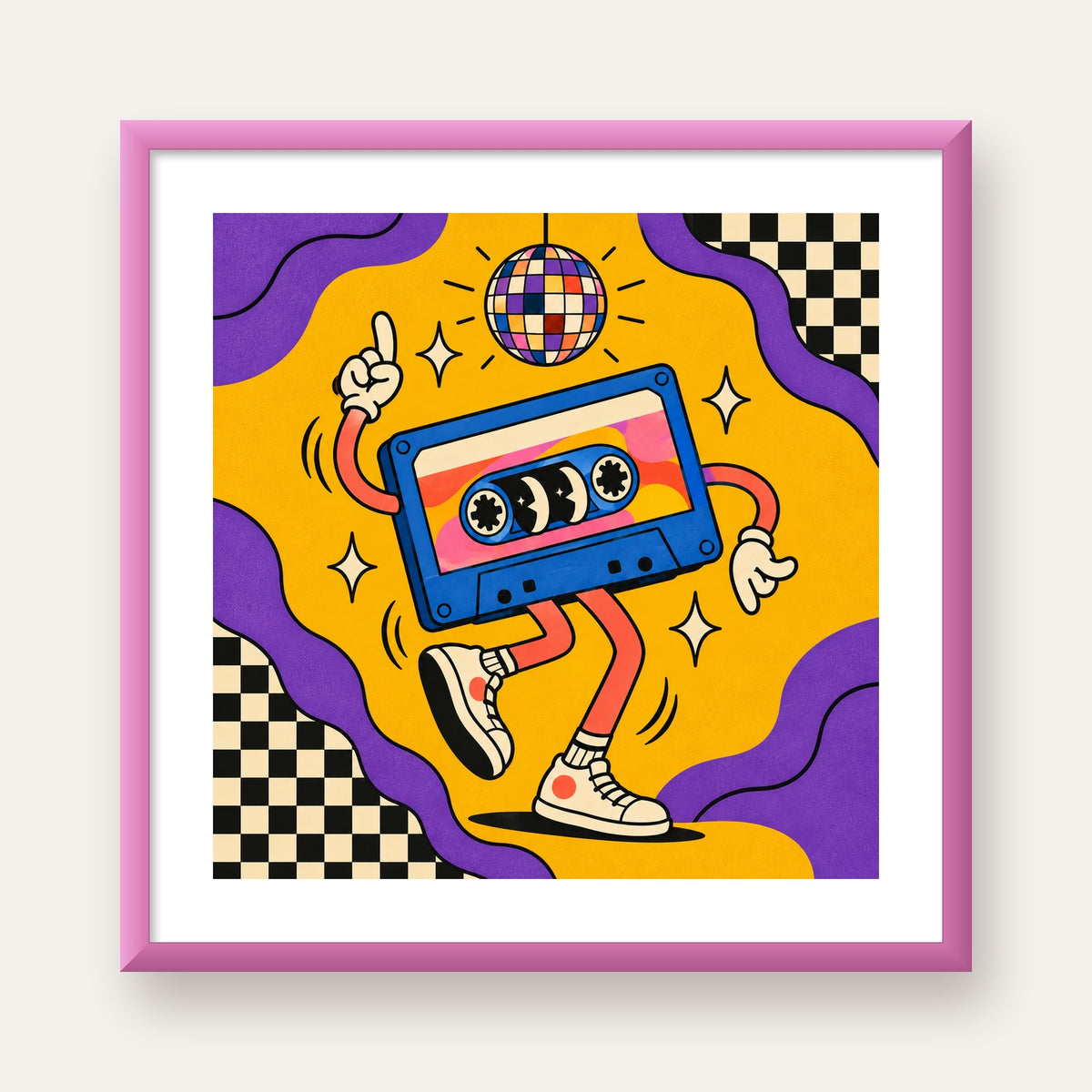 Dans Eden Retro Disco Kaset Dijital Poster – Renkli Duvar Dekoru — pembe çerçeveli paspartulu