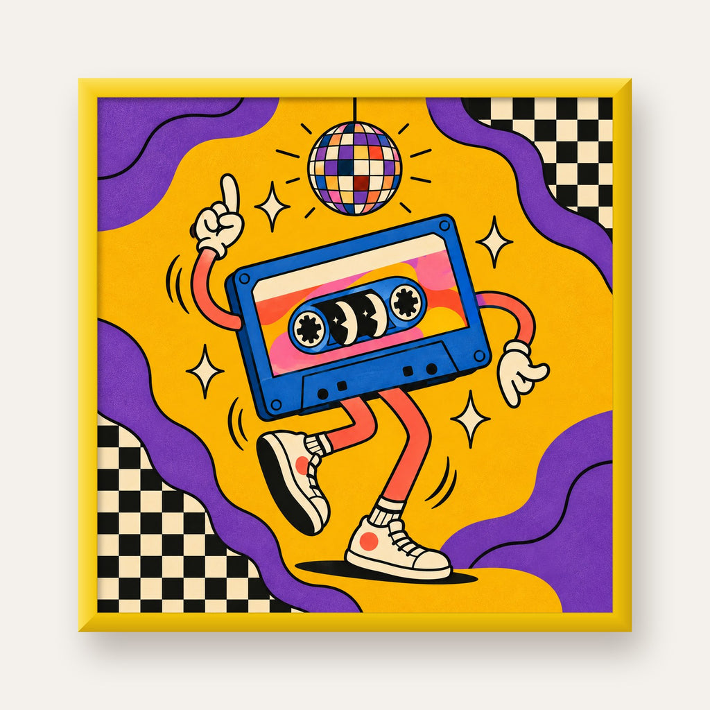 Dans Eden Retro Disco Kaset Dijital Poster – Renkli Duvar Dekoru — sarı çerçeveli