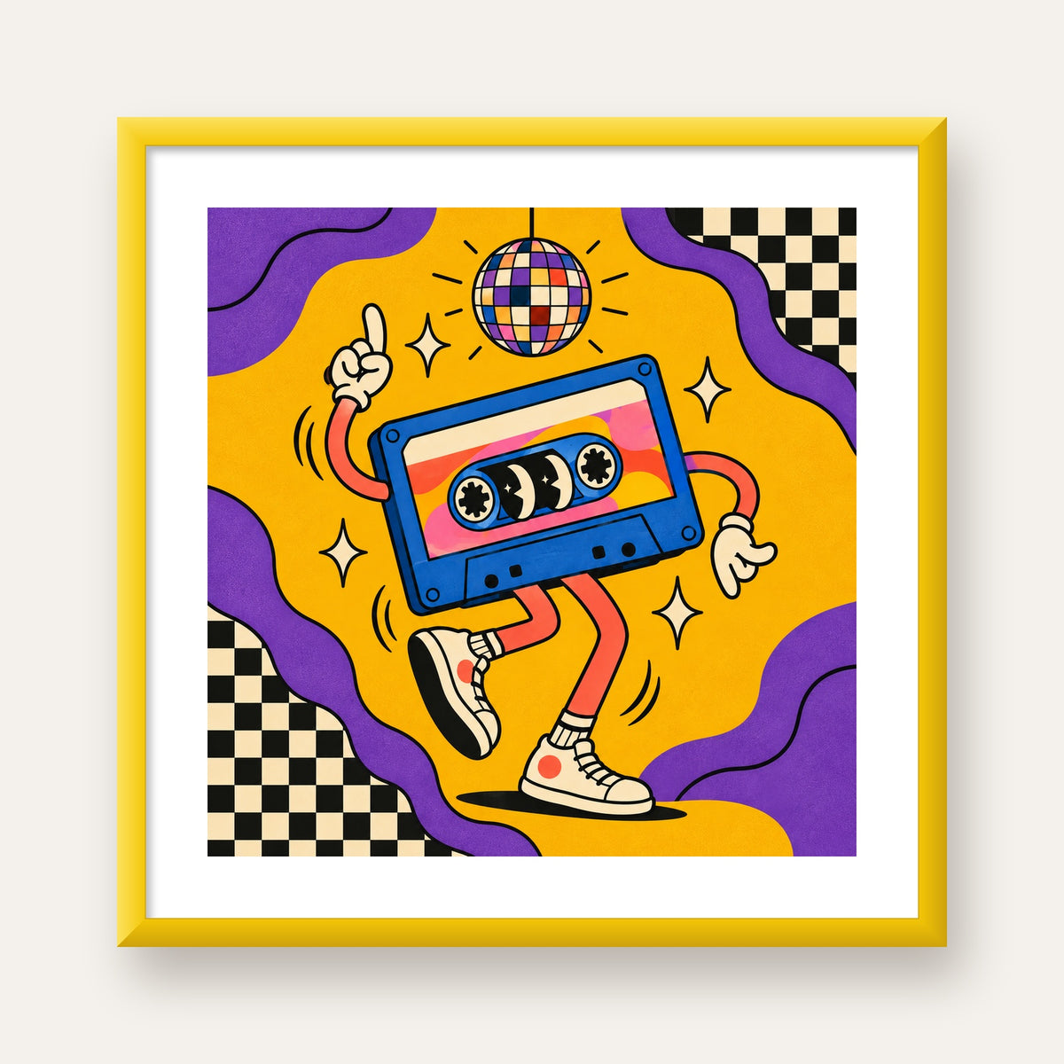 Dans Eden Retro Disco Kaset Dijital Poster – Renkli Duvar Dekoru — sarı çerçeveli paspartulu