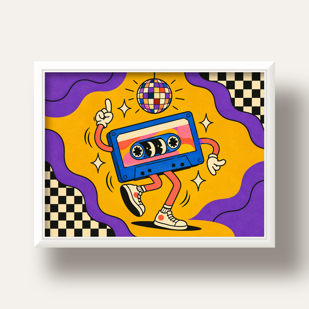 Dans Eden Retro Disco Kaset Dijital Poster – Renkli Duvar Dekoru — beyaz derin çerçeveli