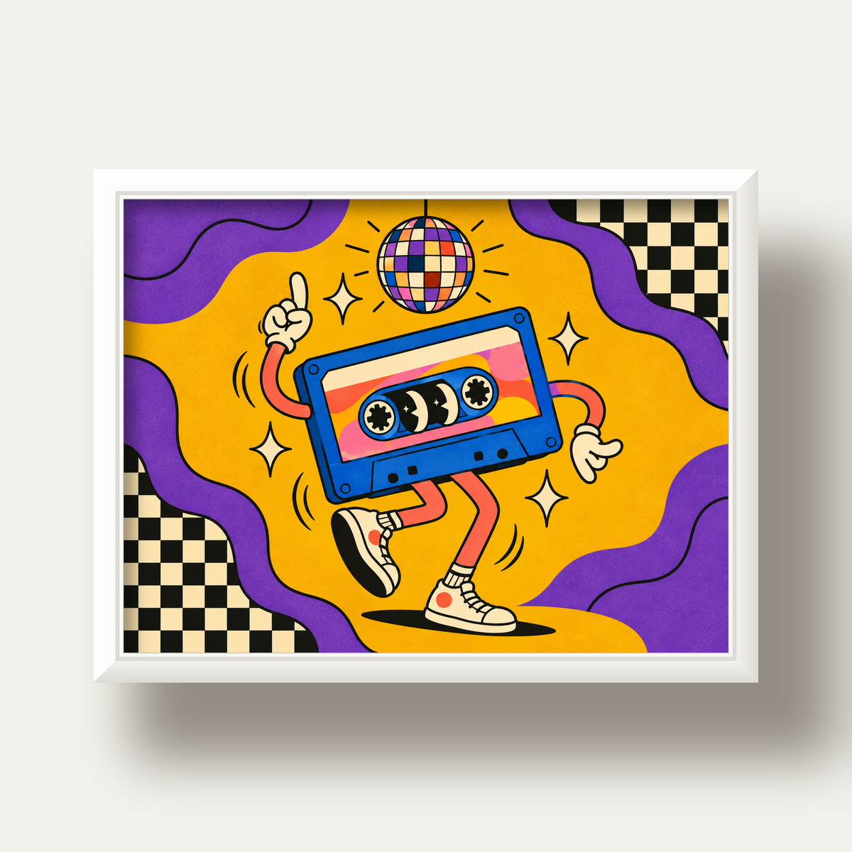 Dans Eden Retro Disco Kaset Dijital Poster – Renkli Duvar Dekoru — beyaz derin çerçeveli