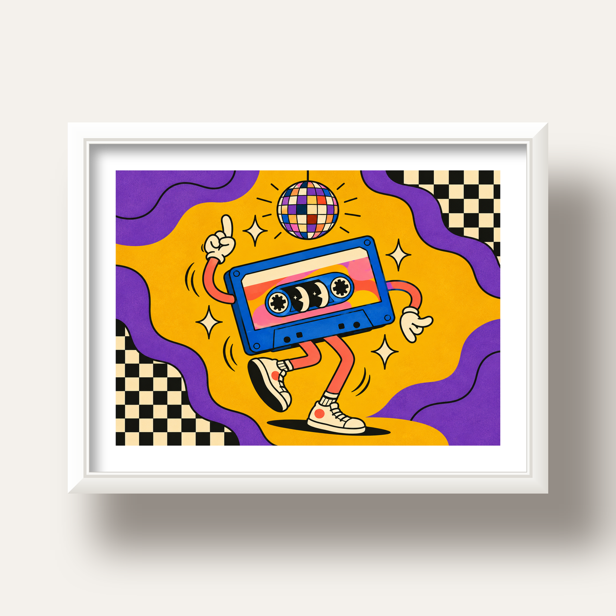Dans Eden Retro Disco Kaset Dijital Poster – Renkli Duvar Dekoru — beyaz derin çerçeveli paspartulu