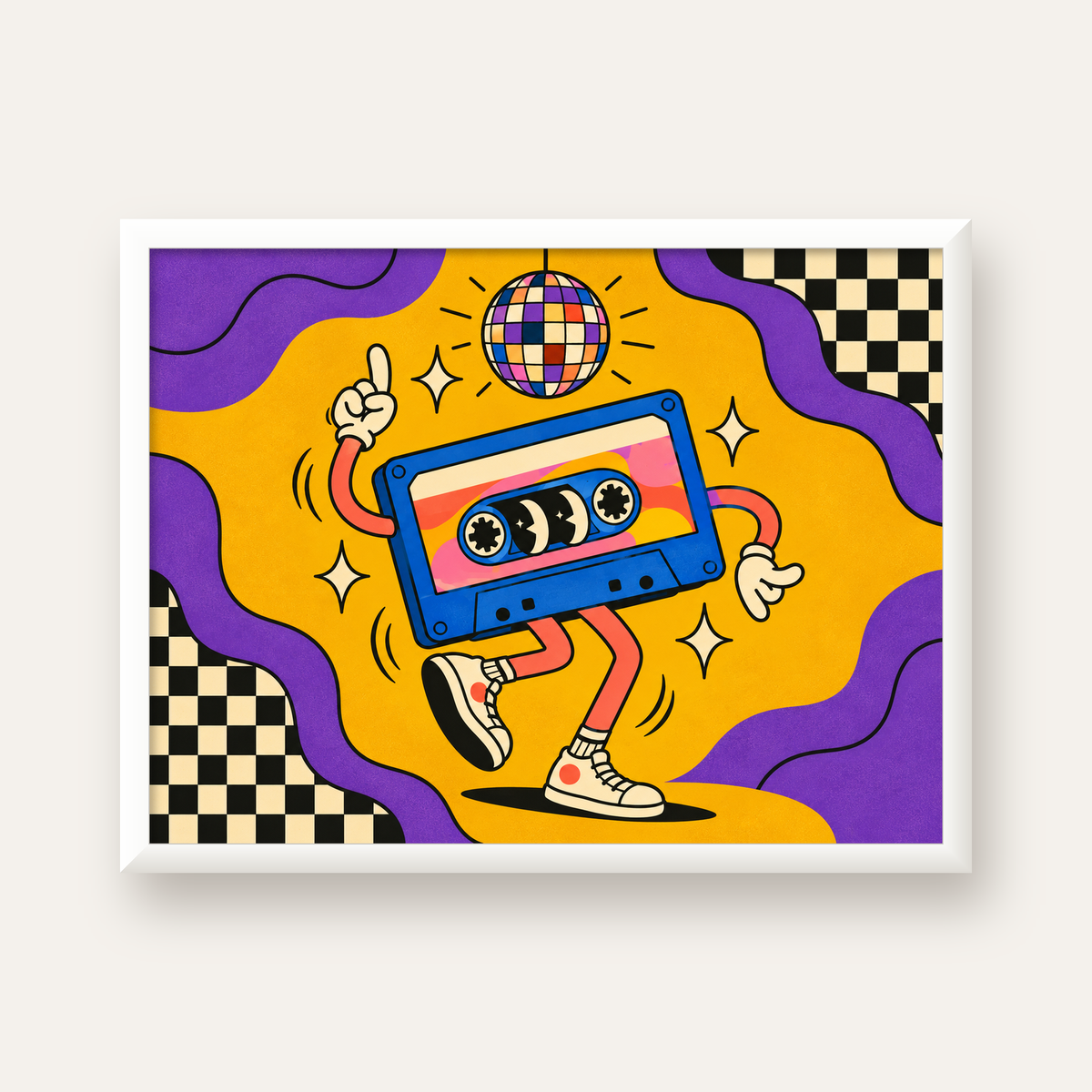 Dans Eden Retro Disco Kaset Dijital Poster – Renkli Duvar Dekoru — beyaz çerçeveli yatay poster