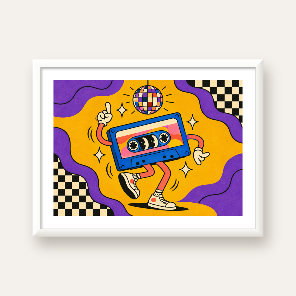 Dans Eden Retro Disco Kaset Dijital Poster – Renkli Duvar Dekoru — beyaz çerçeveli yatay poster