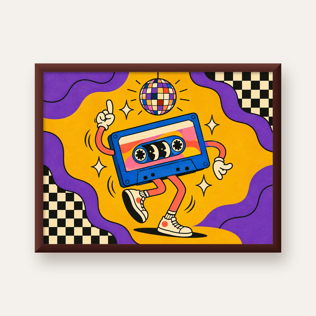Dans Eden Retro Disco Kaset Dijital Poster – Renkli Duvar Dekoru — ceviz çerçeveli