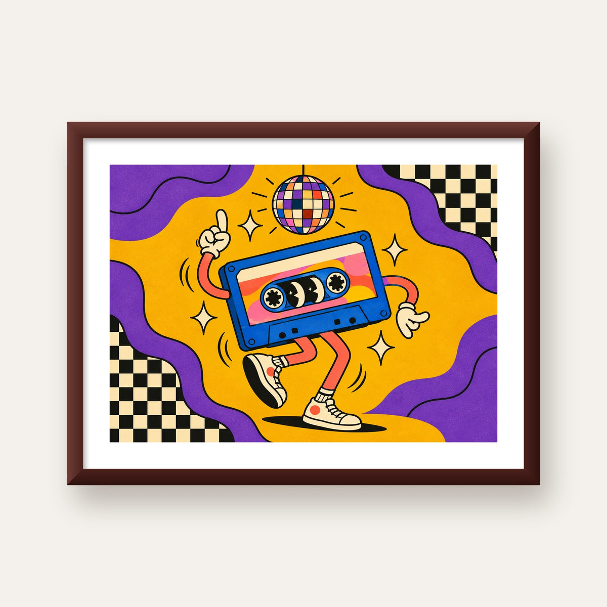 Dans Eden Retro Disco Kaset Dijital Poster – Renkli Duvar Dekoru — ceviz çerçeveli paspartulu