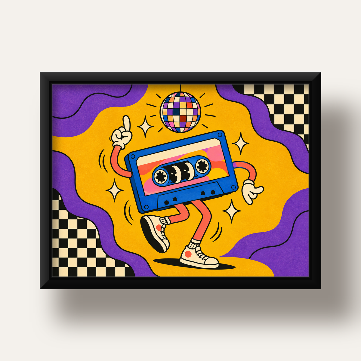 Dans Eden Retro Disco Kaset Dijital Poster – Renkli Duvar Dekoru — siyah derin çerçeveli