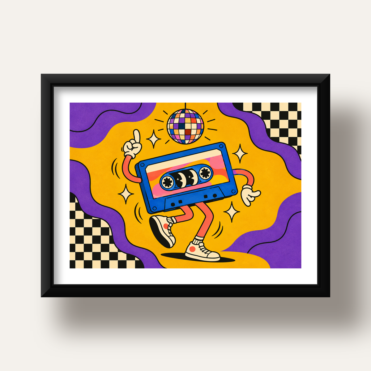 Dans Eden Retro Disco Kaset Dijital Poster – Renkli Duvar Dekoru — siyah derin çerçeveli paspartulu