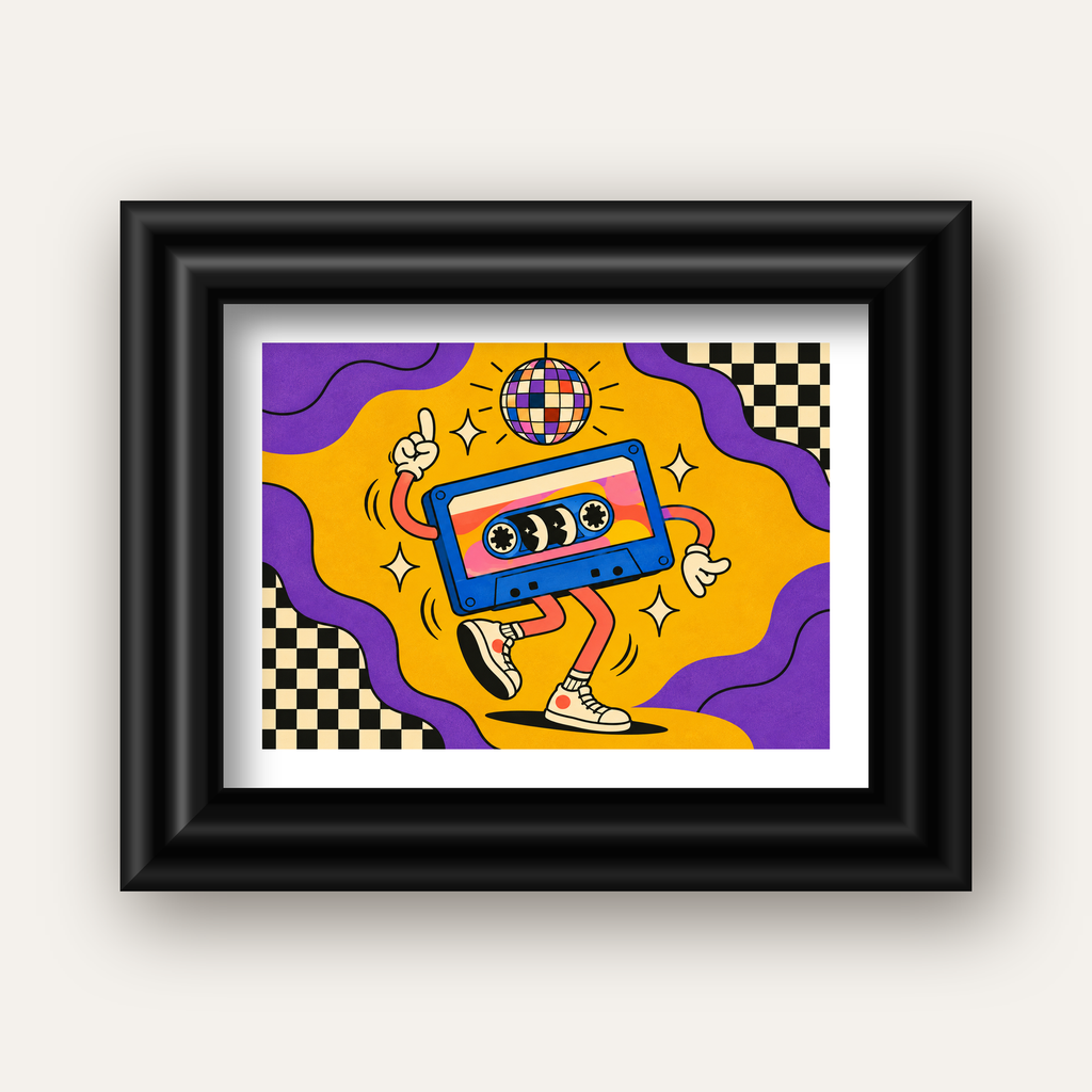 Dans Eden Retro Disco Kaset Dijital Poster – Renkli Duvar Dekoru — siyah galeri çerçeveli paspartulu