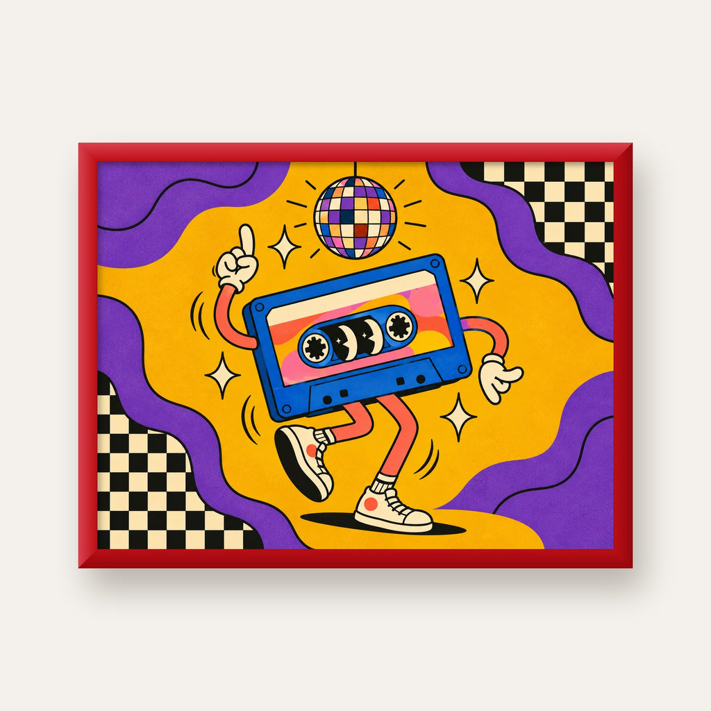 Dans Eden Retro Disco Kaset Dijital Poster – Renkli Duvar Dekoru — kırmızı çerçeveli