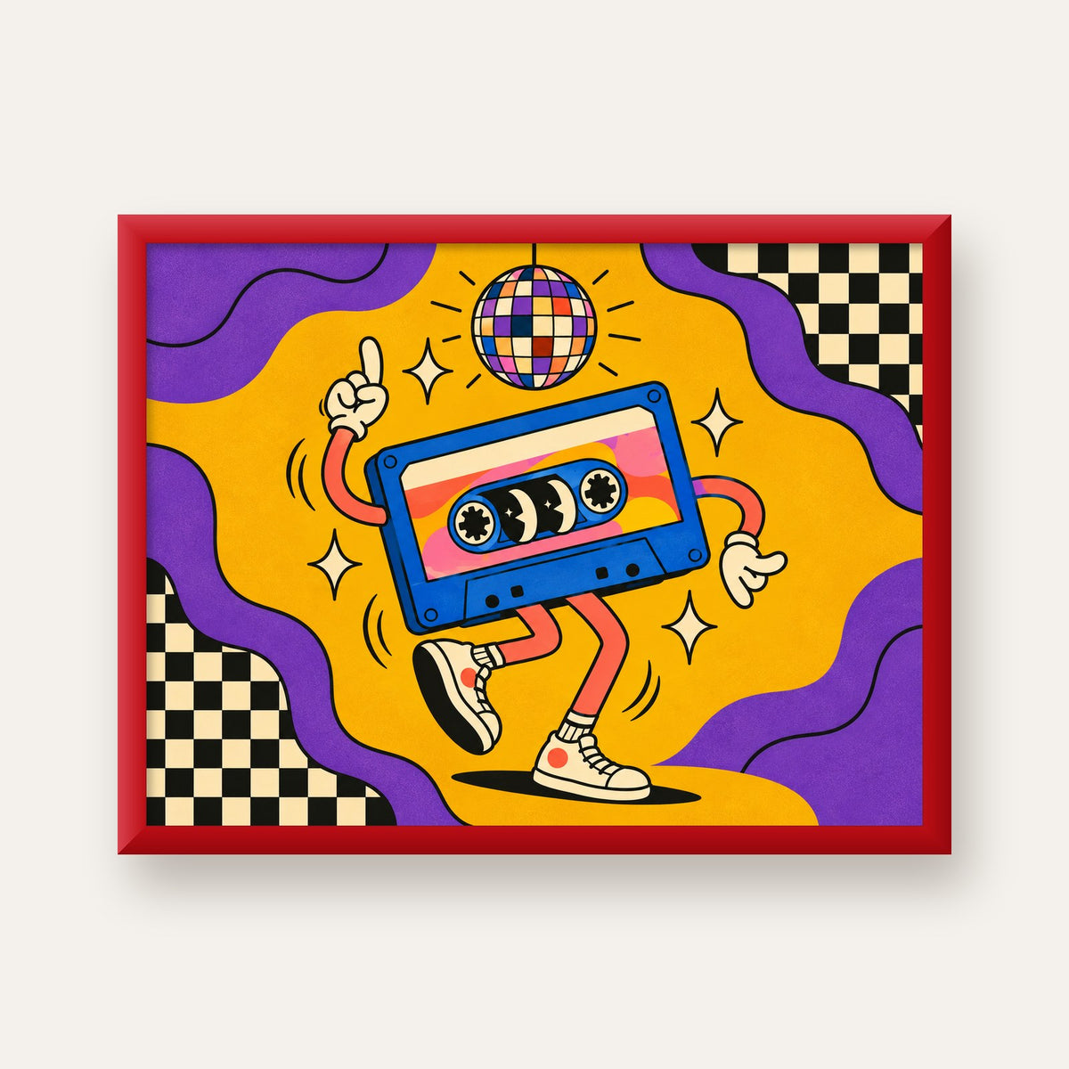 Dans Eden Retro Disco Kaset Dijital Poster – Renkli Duvar Dekoru — kırmızı çerçeveli