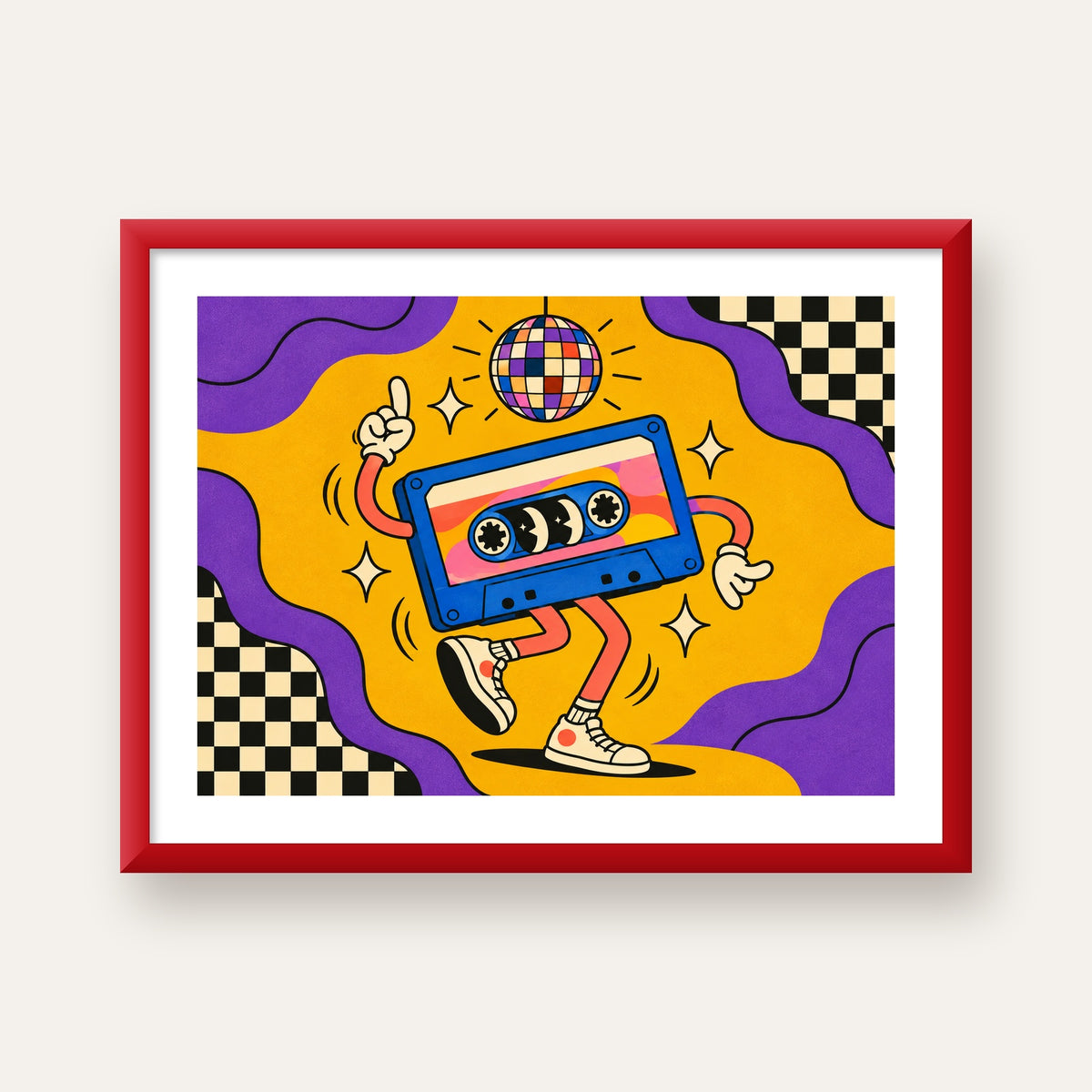 Dans Eden Retro Disco Kaset Dijital Poster – Renkli Duvar Dekoru — kırmızı çerçeveli paspartulu
