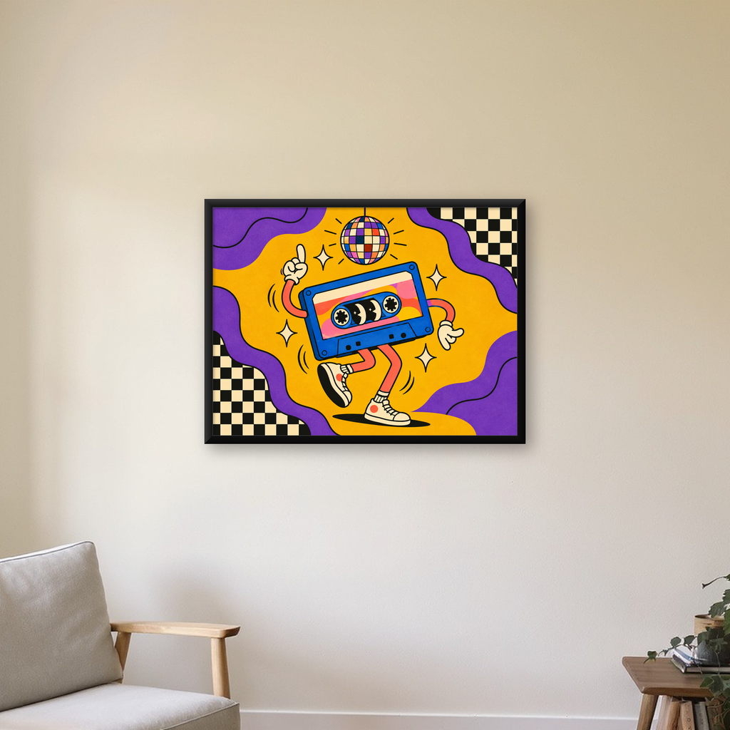 Dans Eden Retro Disco Kaset Dijital Poster – Renkli Duvar Dekoru — Yatay baskı, çerçeveli hâliyle bir ev duvarında