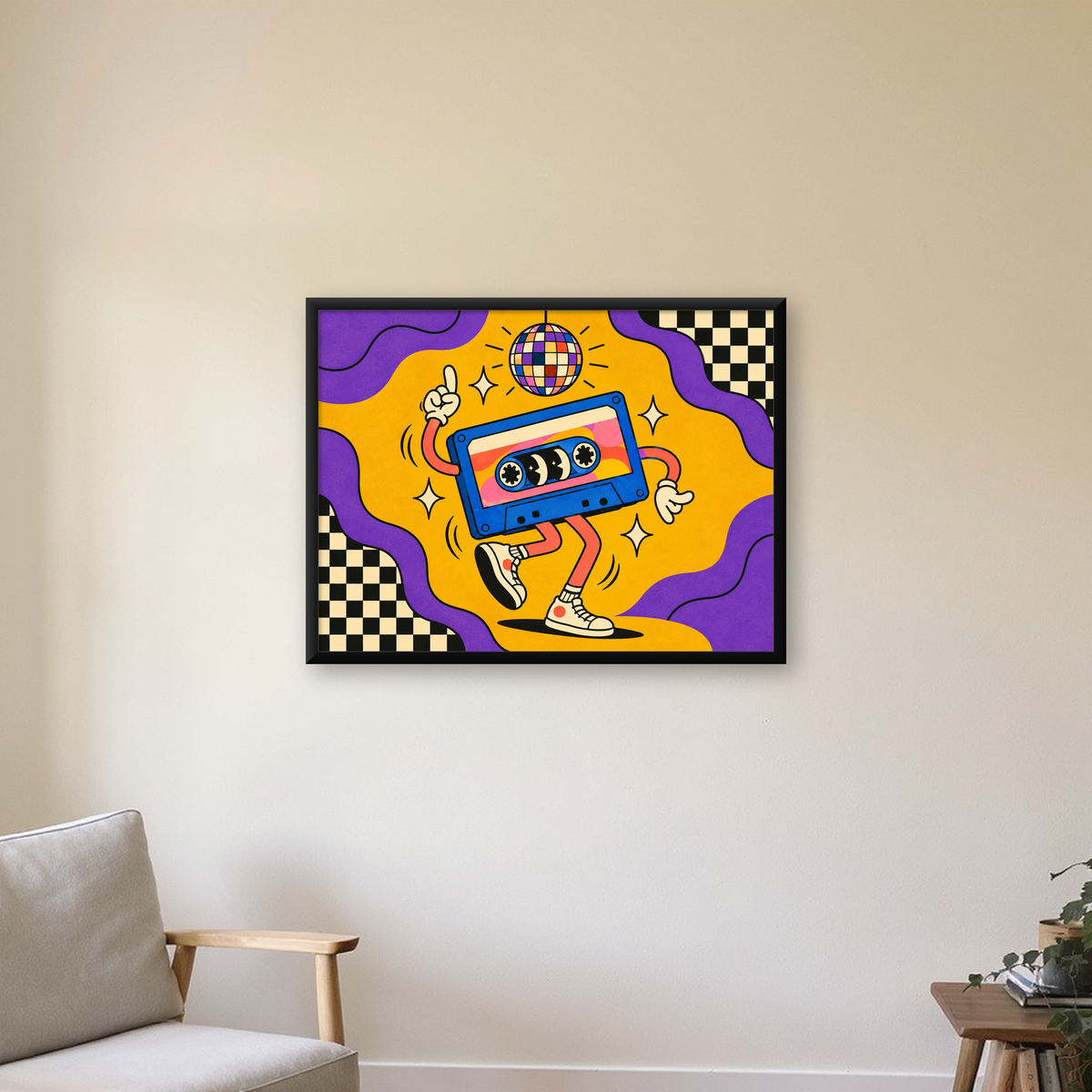 Dans Eden Retro Disco Kaset Dijital Poster – Renkli Duvar Dekoru — Yatay baskı, çerçeveli hâliyle bir ev duvarında