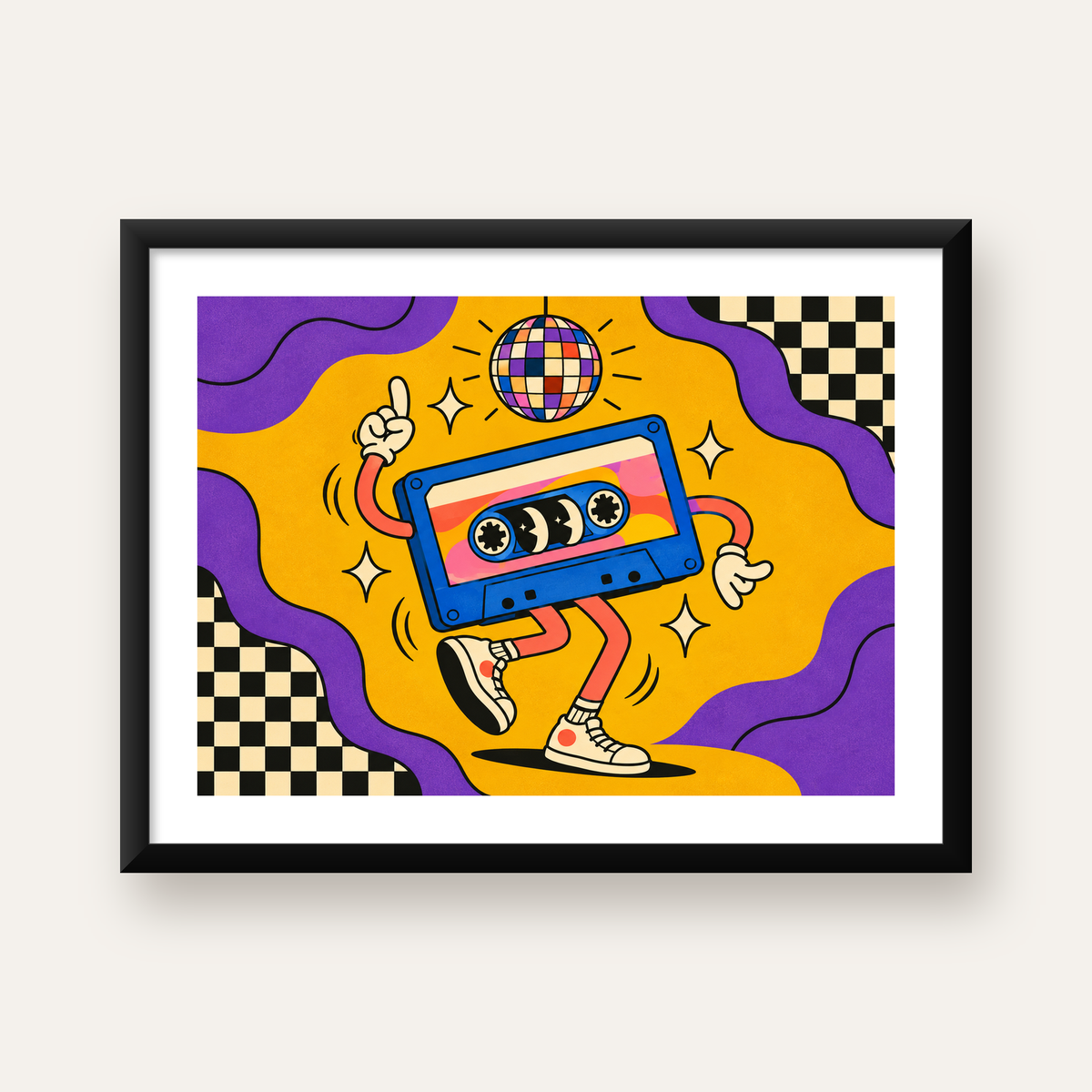 Dans Eden Retro Disco Kaset Dijital Poster – Renkli Duvar Dekoru — Yatay baskı, beyaz paspartulu