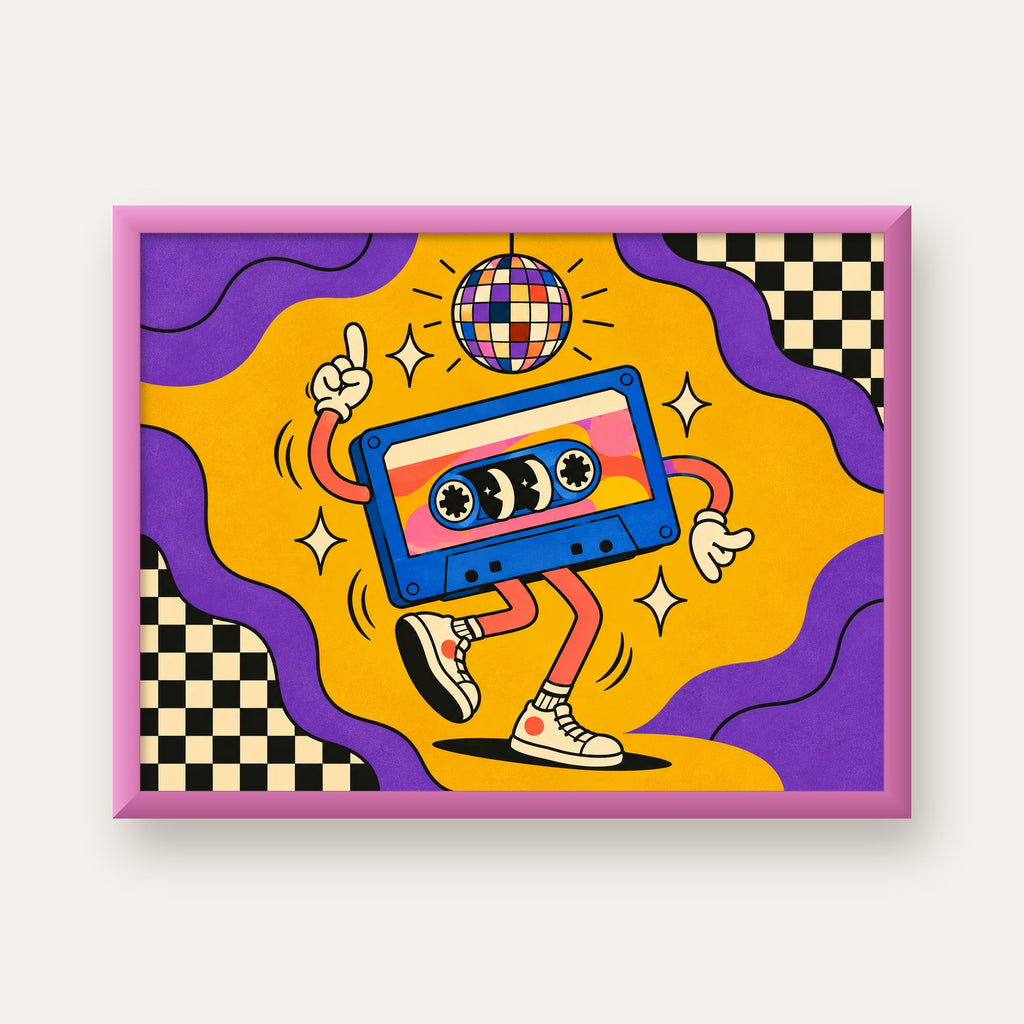 Dans Eden Retro Disco Kaset Dijital Poster – Renkli Duvar Dekoru — pembe çerçeveli