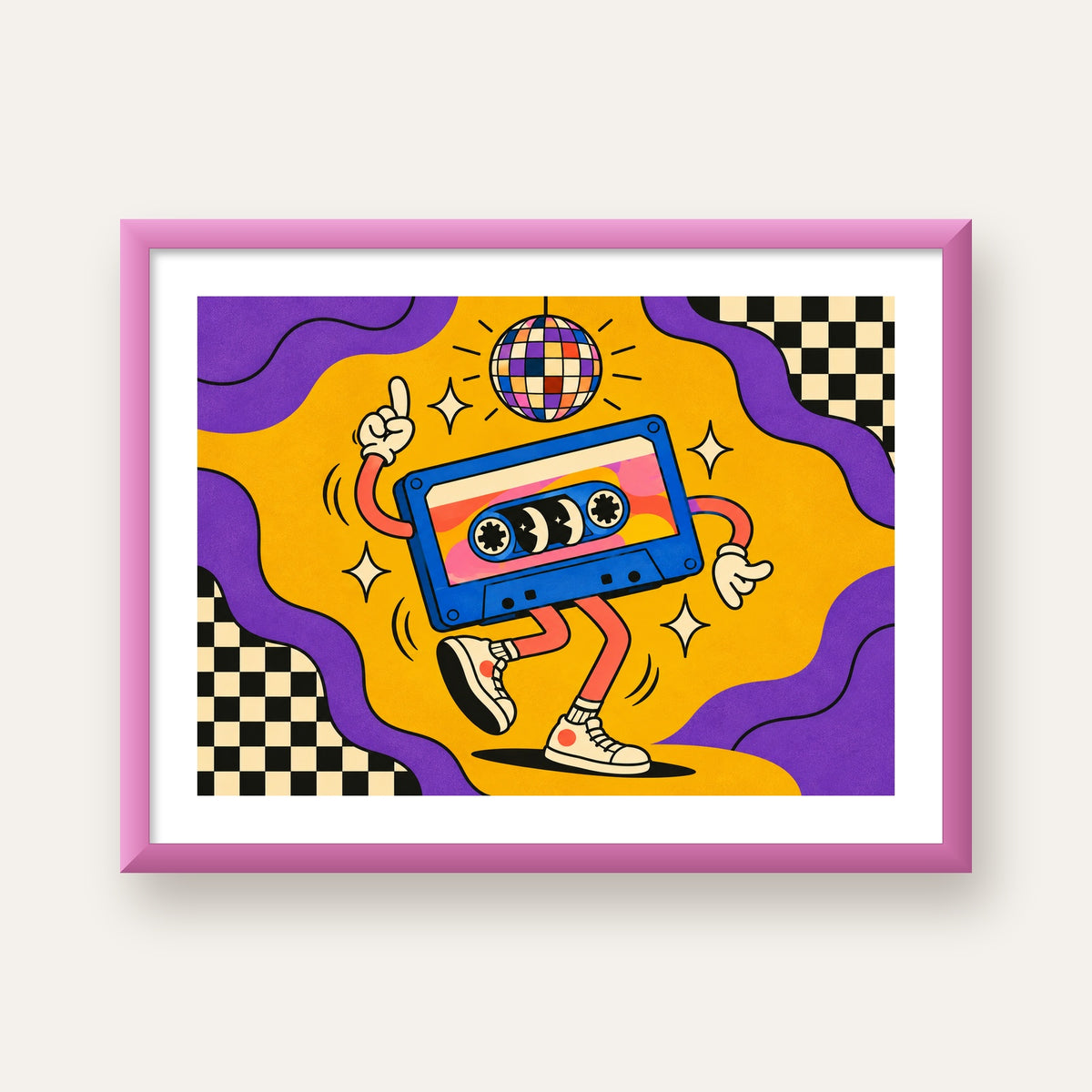 Dans Eden Retro Disco Kaset Dijital Poster – Renkli Duvar Dekoru — pembe çerçeveli paspartulu
