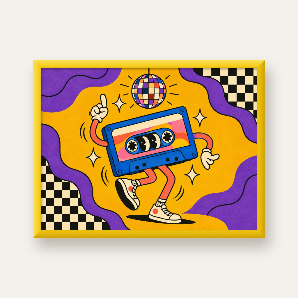Dans Eden Retro Disco Kaset Dijital Poster – Renkli Duvar Dekoru — sarı çerçeveli