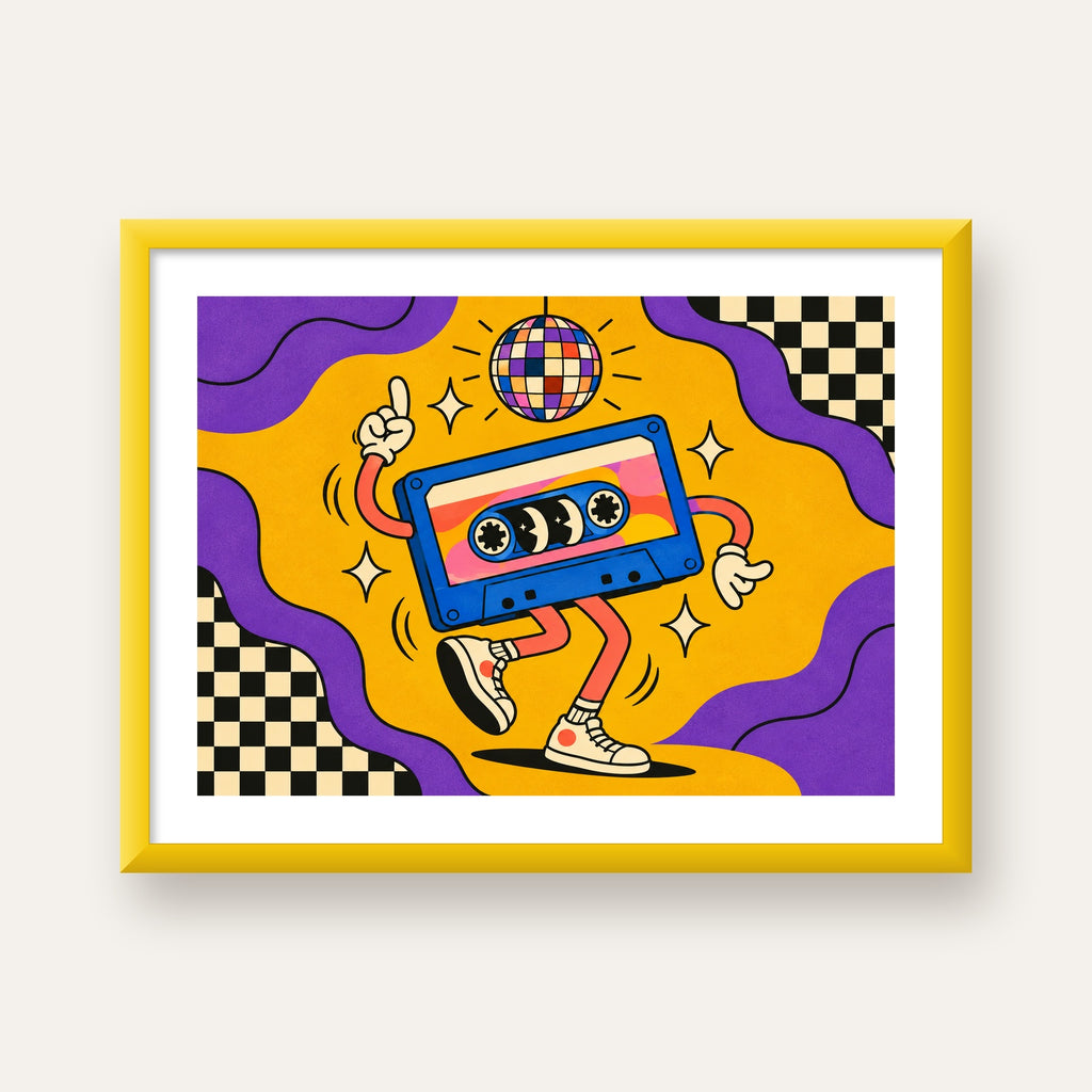 Dans Eden Retro Disco Kaset Dijital Poster – Renkli Duvar Dekoru — sarı çerçeveli paspartulu