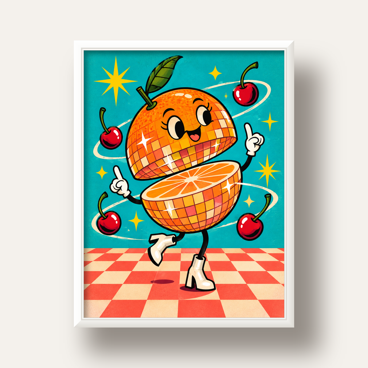 Dans Eden Portakal Karakterli Retro Disco Poster — beyaz derin çerçeveli