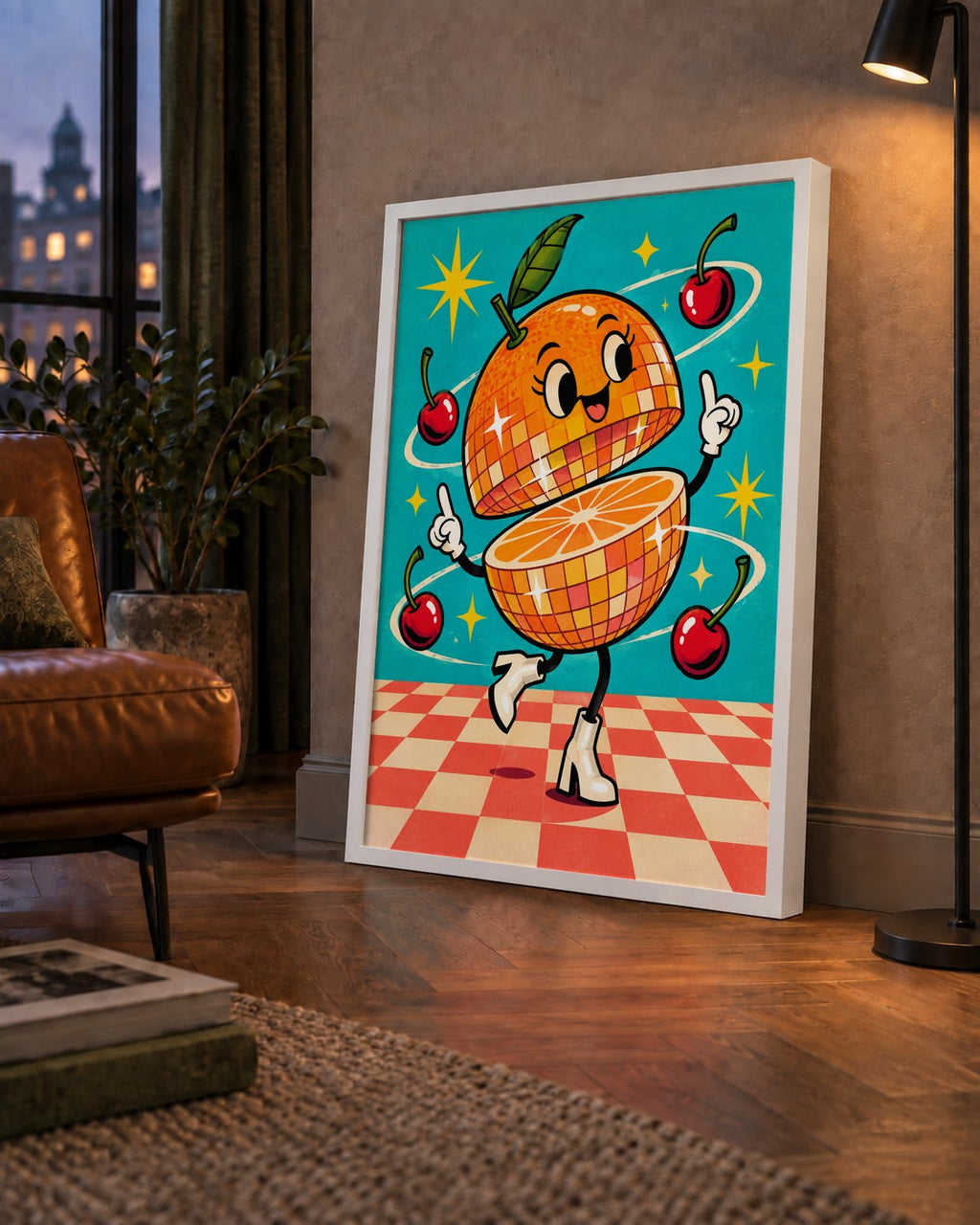 Dans Eden Portakal Karakterli Retro Disco Poster — çerçeveli hâliyle bir ev duvarında