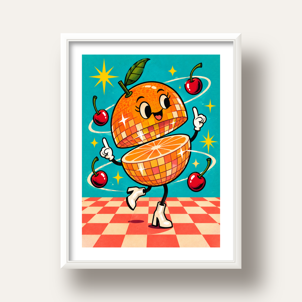 Dans Eden Portakal Karakterli Retro Disco Poster — beyaz derin çerçeveli paspartulu