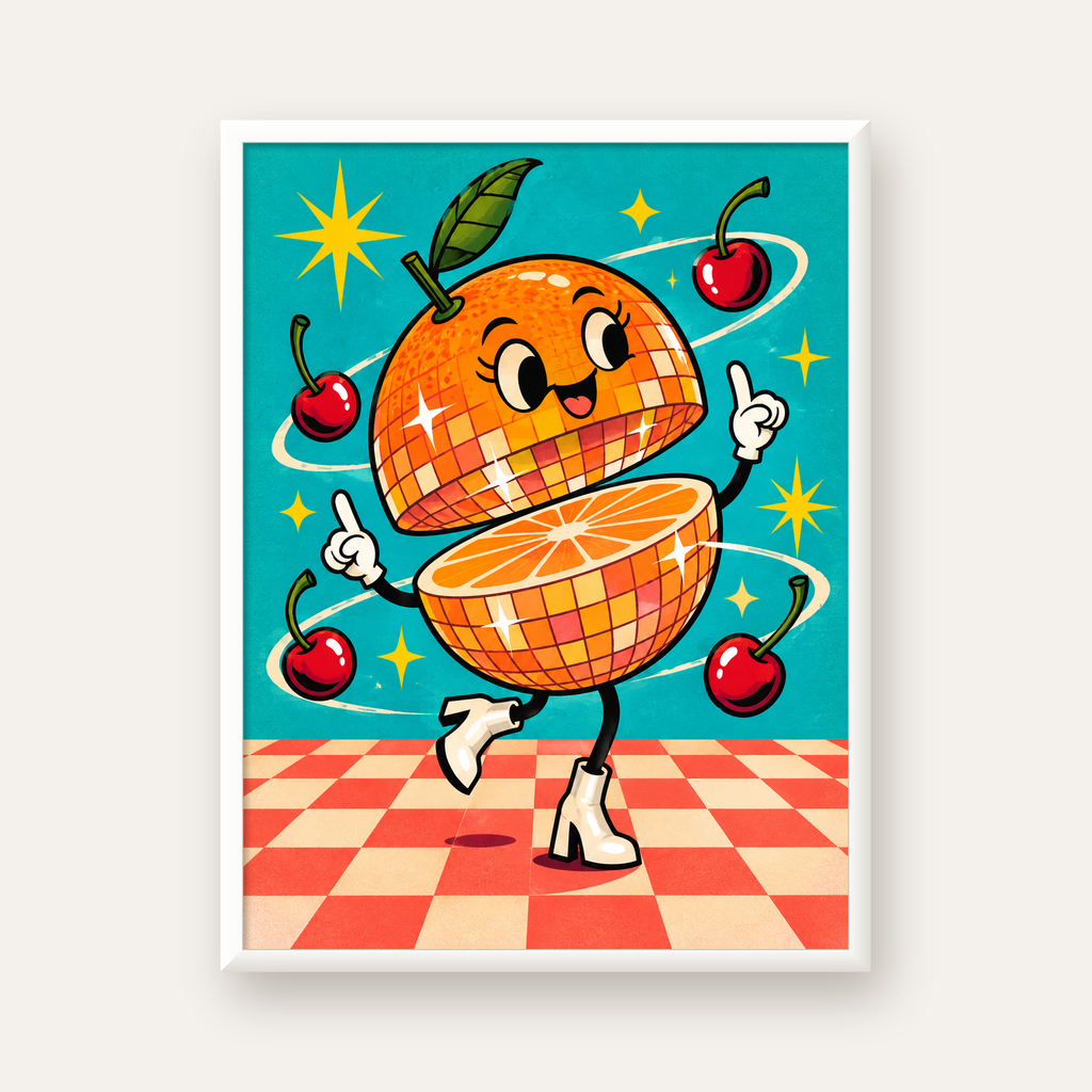 Dans Eden Portakal Karakterli Retro Disco Poster — beyaz çerçeveli dikey poster