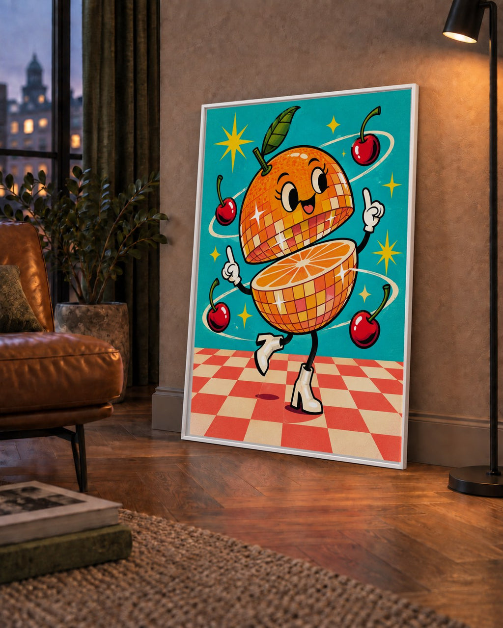 Dans Eden Portakal Karakterli Retro Disco Poster — çerçeveli hâliyle bir ev duvarında