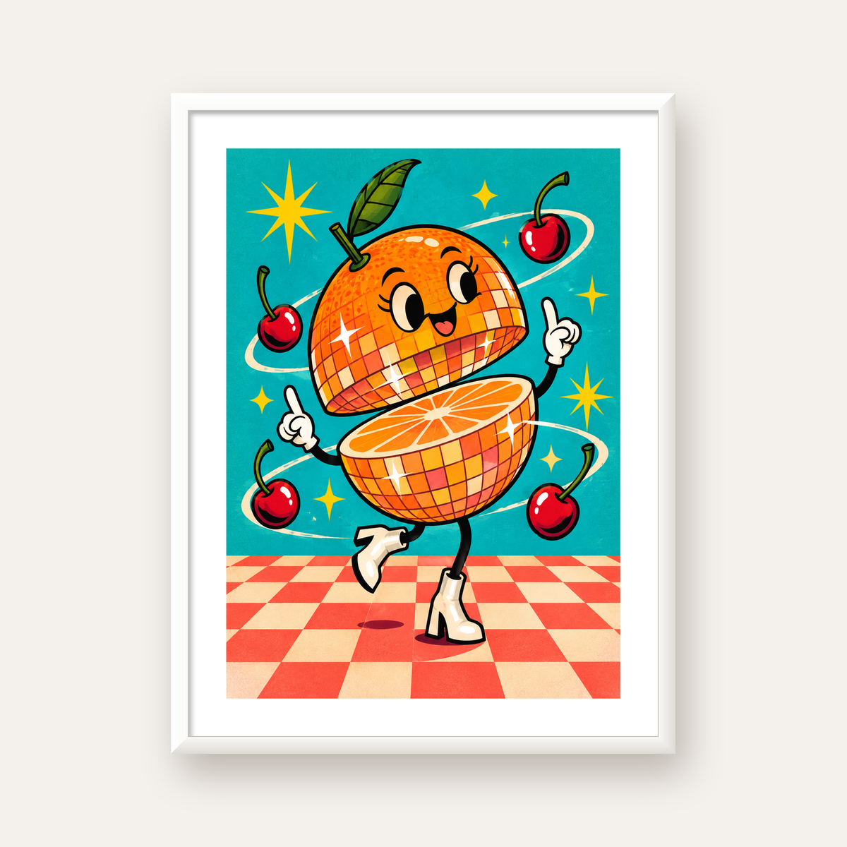 Dans Eden Portakal Karakterli Retro Disco Poster — beyaz çerçeveli dikey poster