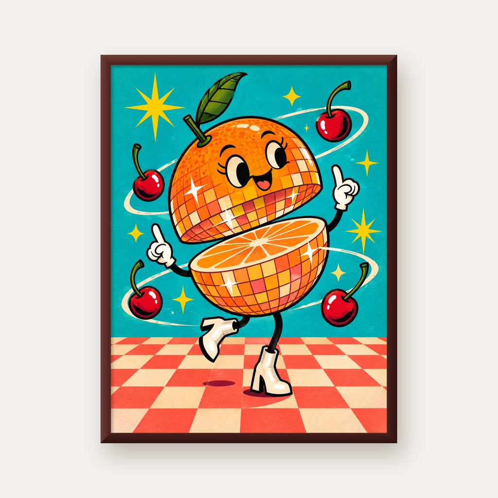 Dans Eden Portakal Karakterli Retro Disco Poster — ceviz çerçeveli